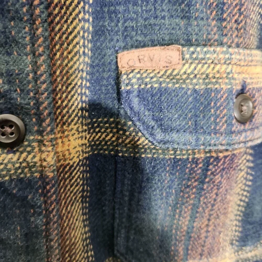 Orvis Shirt Shacket Medium Blue Yellow Plaid Chore Cottage Western Flannel Heavy